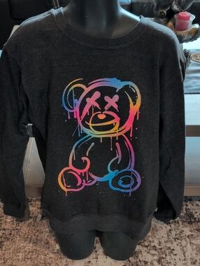 Charcoal Crewneck Sweater with Rainbow Bear Graphic
